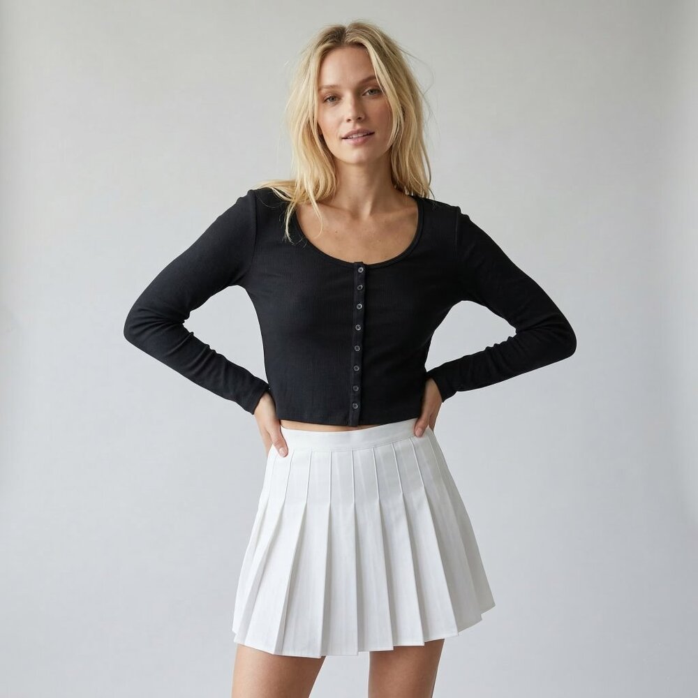Black Ribbed Knit Long Sleeve Top Wide Neck Button Front
